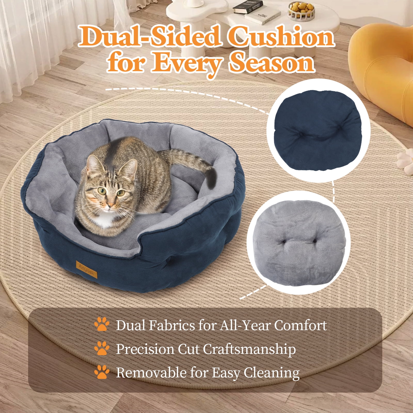 Anyask Round Soft Cat Beds for Small Indoor Cats Dog Up to 15 lbs, Blue 20"x19"x6"