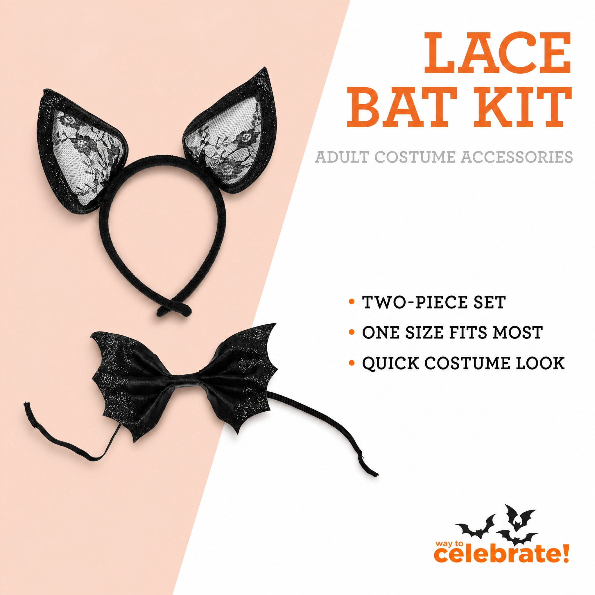 Lace Bat Costume Accessory Kit for Adults, Black, Halloween by Way To Celebrate