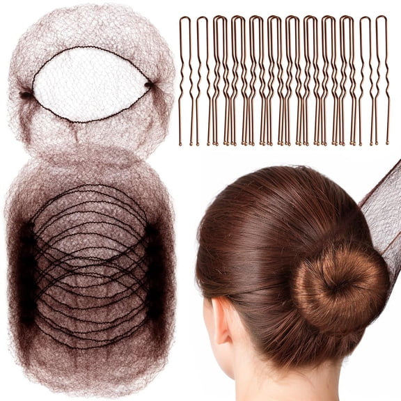 Hair Accessories Set –50PCS Invisible Mesh Hair Nets & 50PCS U Shaped Hair Pins for Women , 20 Inch Brown Hair Nets with 2.4 Inch (6cm) Pins – Ballet Bun Maker for Dance, Performance & Daily Us