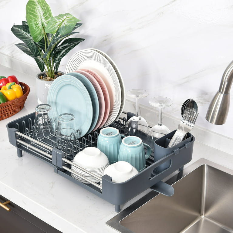 KINGRACK Extendable Dish Rack, Dual Part Dish Drainers with Non-Scratch and Movable Cutlery Drainer and Drainage Spout, Adjustable Dish Drying Rack