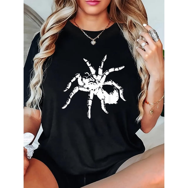 T-Shirt à Imprimé Géométrique d'Araignée pour Femmes, Col Rond Décontracté à Manches Courtes, Haut d'Été Confortable, Tissu en Polyester Tricoté, Toutes Saisons, Fête des Pères, Fête des Mères, Nouvel An, Festival du Printemps, Valen