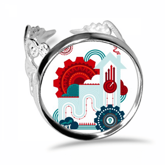 Contrast-Colour Gear Clock House Illustration Ring Adjustable Love Wedding Engagement