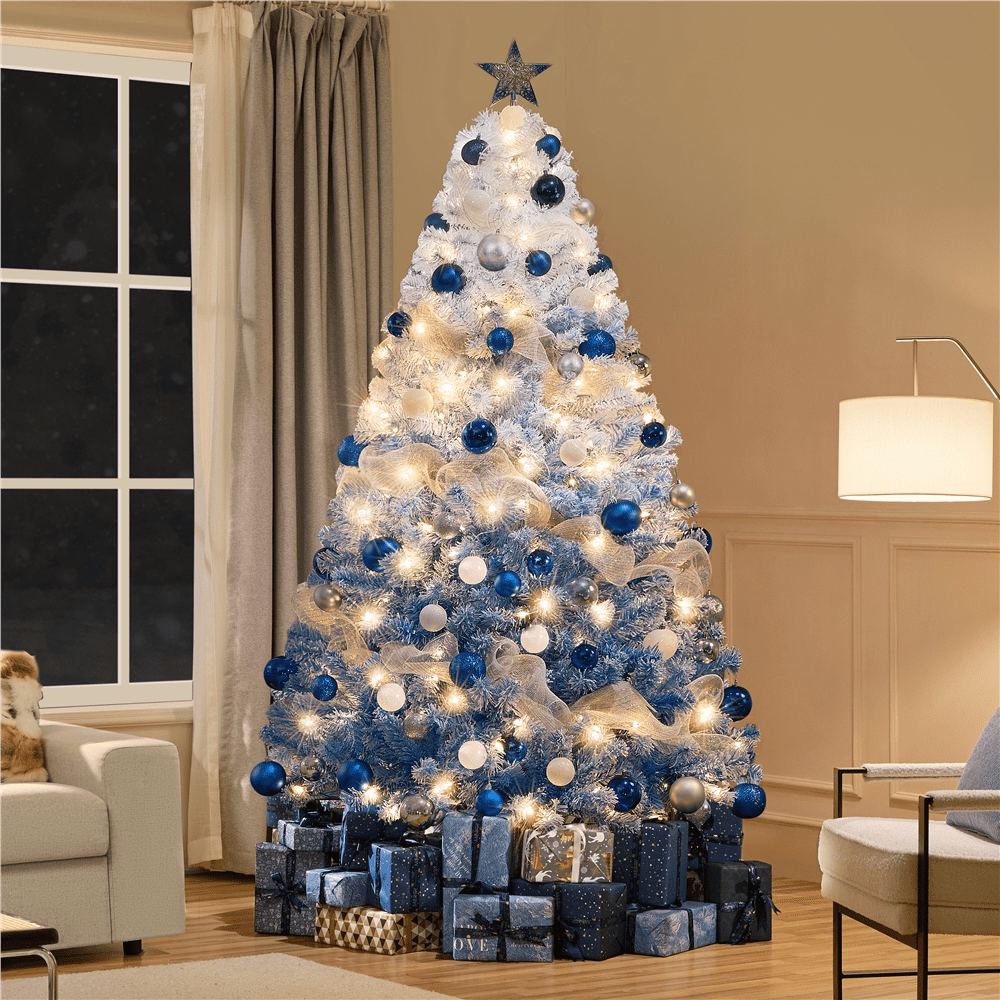 Alden Design 7.5 FT Artificial Snow Flocked Christmas Tree, with 250 Lights Lake Blue Gradient