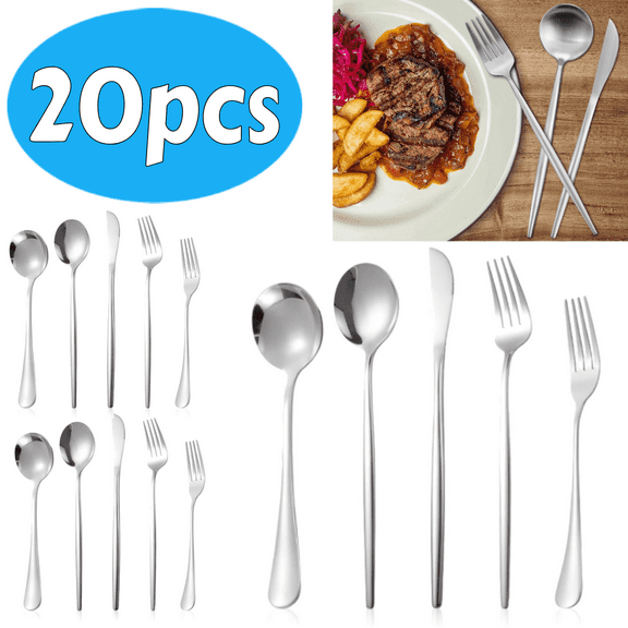 Matte Silverware Set, 20-Piece Stainless Steel Flatware, Tableware Cutlery Service for 4, Satin Finish Utensils, Knife Fork Spoon for Home and Restaurant, Dishwasher Safe