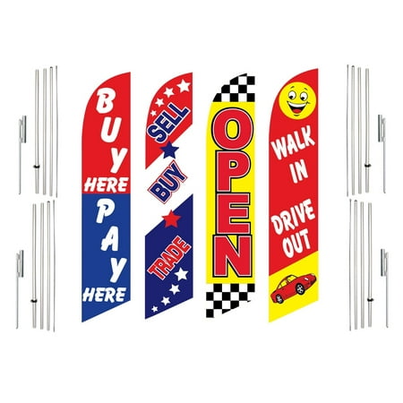 4 Swooper Flags With 4 Pole Kits Buy Pay Here Sell Buy Trade Open Walk In Drive Out