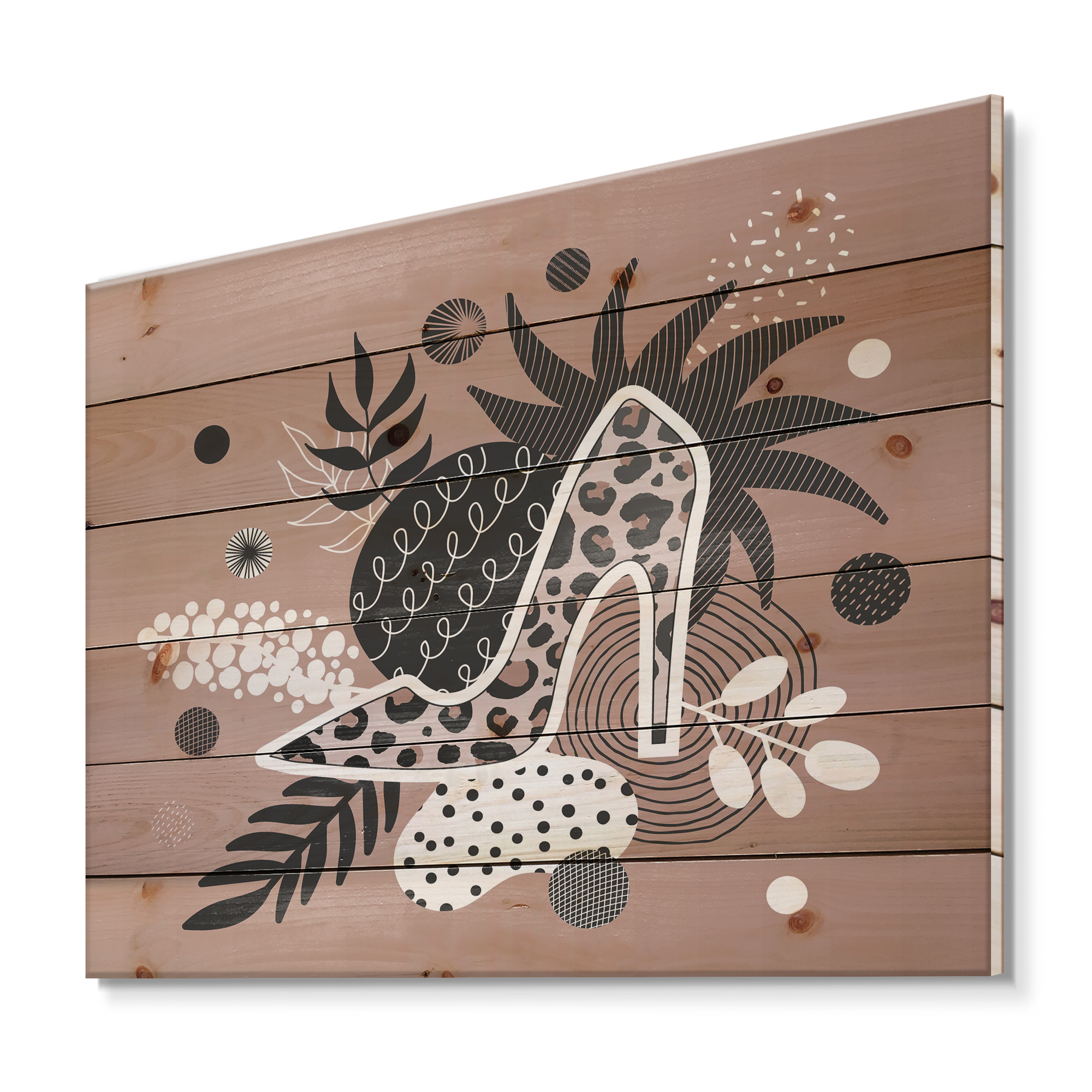 Designart 'Leopard High-Heeled Shoes On Tropical Leaves' Modern Print on Natural Pine Wood