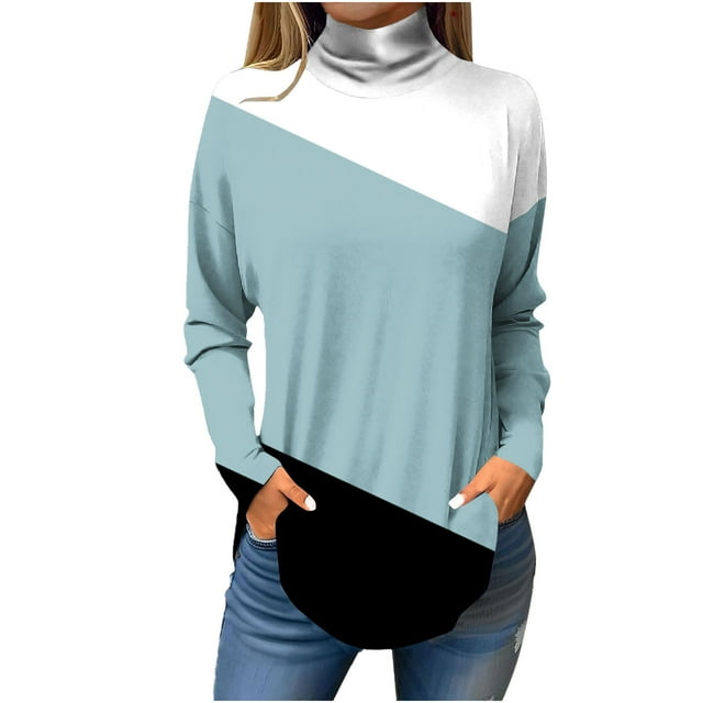 FAIWAD Womens Turtleneck Tunic Tops Long Sleeve Color Block Pullover Tops Casual Loose Trendy Tops