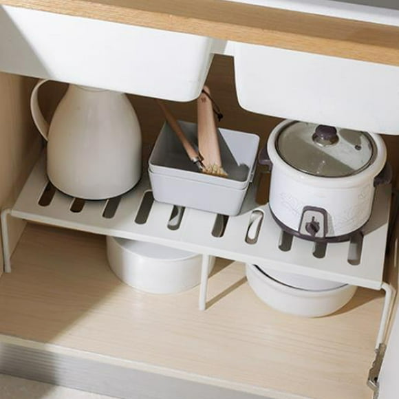 Organizador de estantes de cocina retráctil, plástico blanco y gris, 69 x 24 x 15 cm, extensible, para debajo del gabinete, ahorra espacio y es fácil de limpiar, ideal para organizar