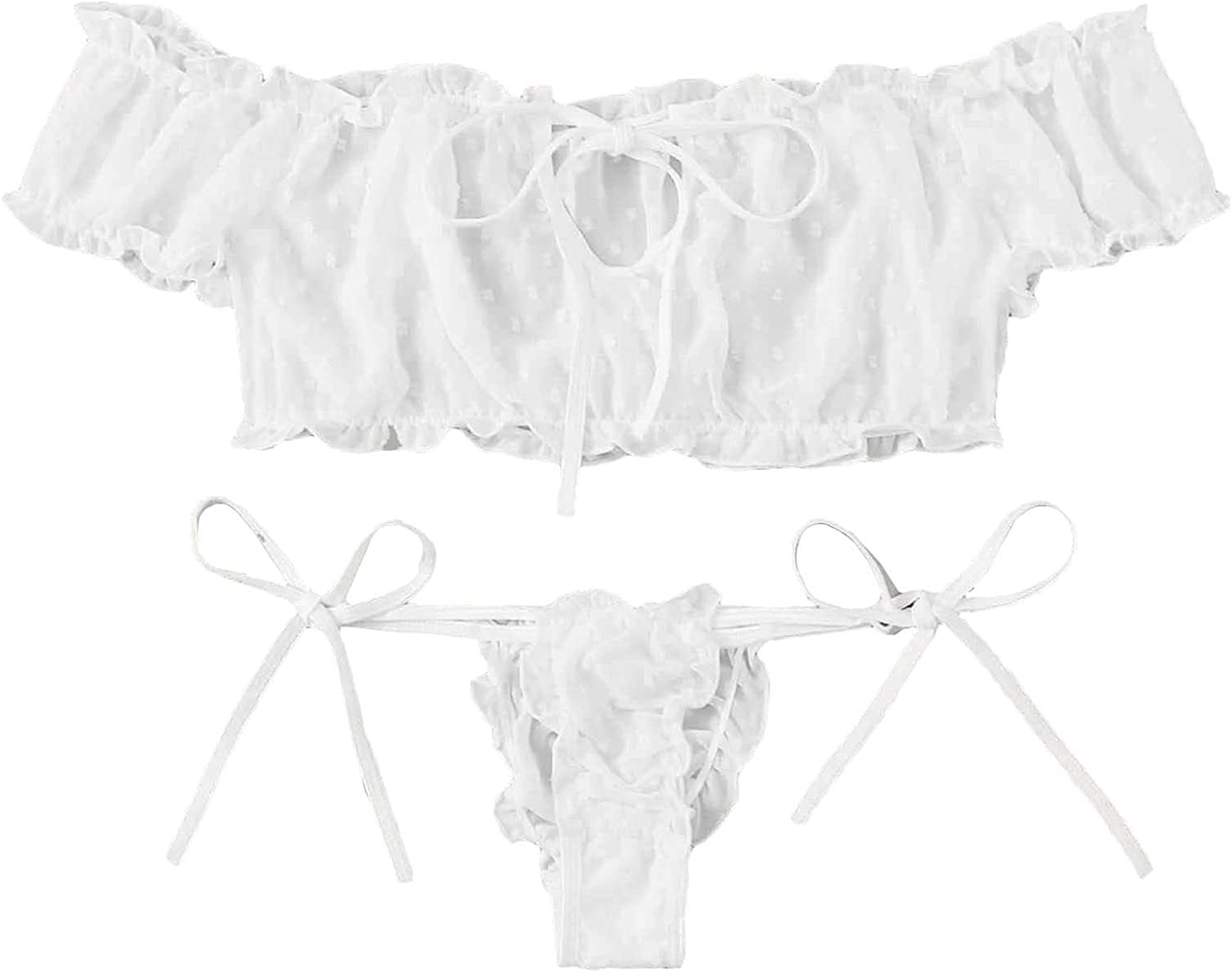 Women Sexy Mesh Sheer Lingerie Set Off Shoulder Top and Panty See