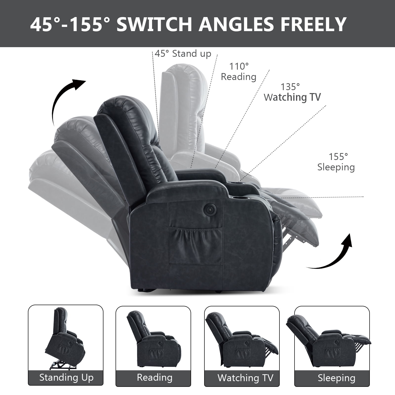 Power Lift Recliner Chair with Massage and Heat,Faux Leather Soft Chair with USB Charging&Cup Holders, Infinite Position Reclining,Heavy Duty 350 LBS Capacity