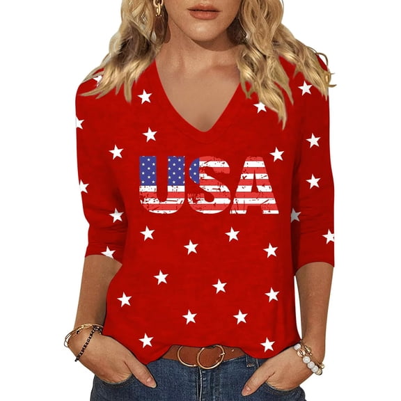 Beopjesk Womens 3/4 Sleeve V Neck T Shirts American Flag Shirts Summer Graphic Tee Tops