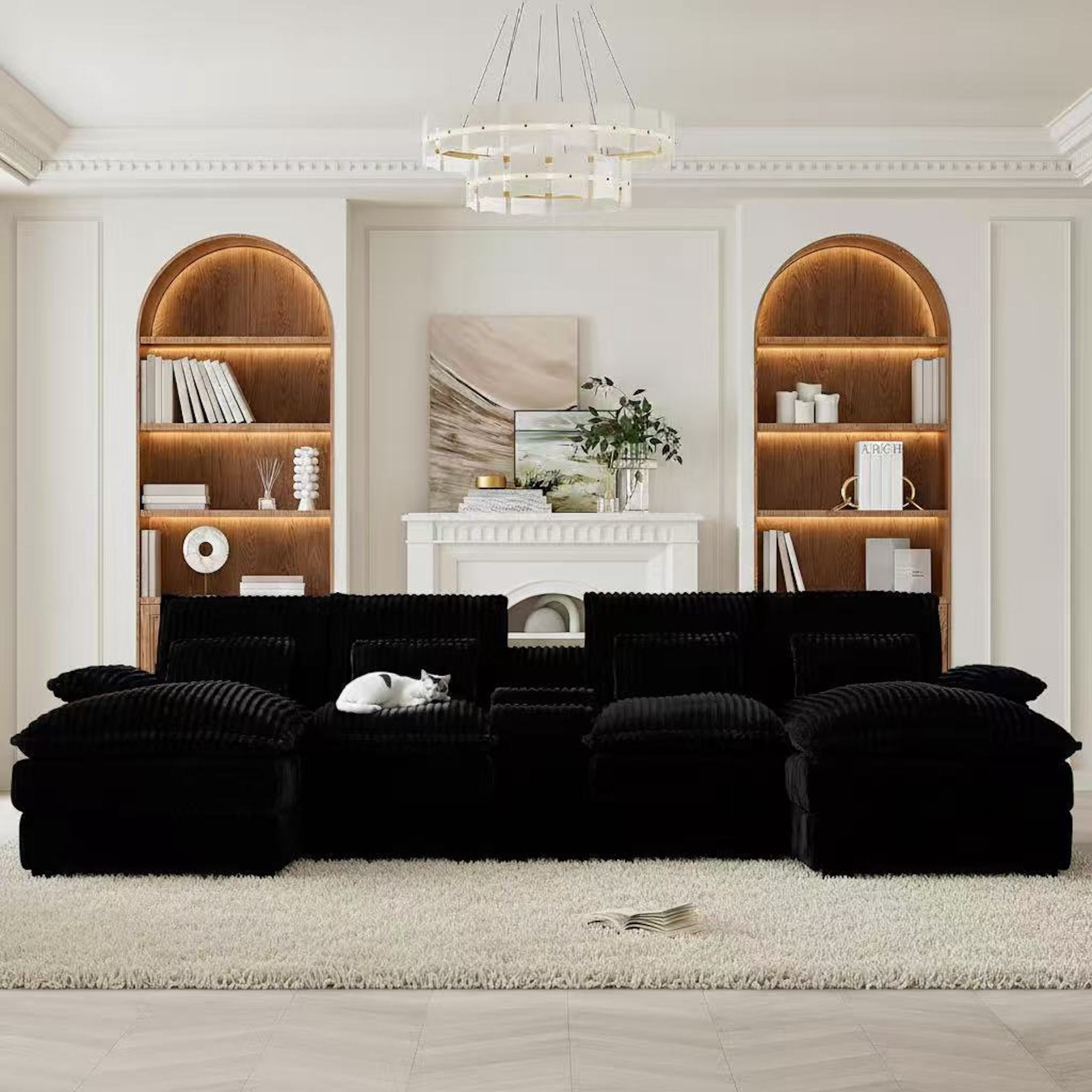 Aisword 124" U Shaped Cloud Couch Sectional with USB Charging, Hidden Storage, Cup Holders & Chenille Double Chaise, Black