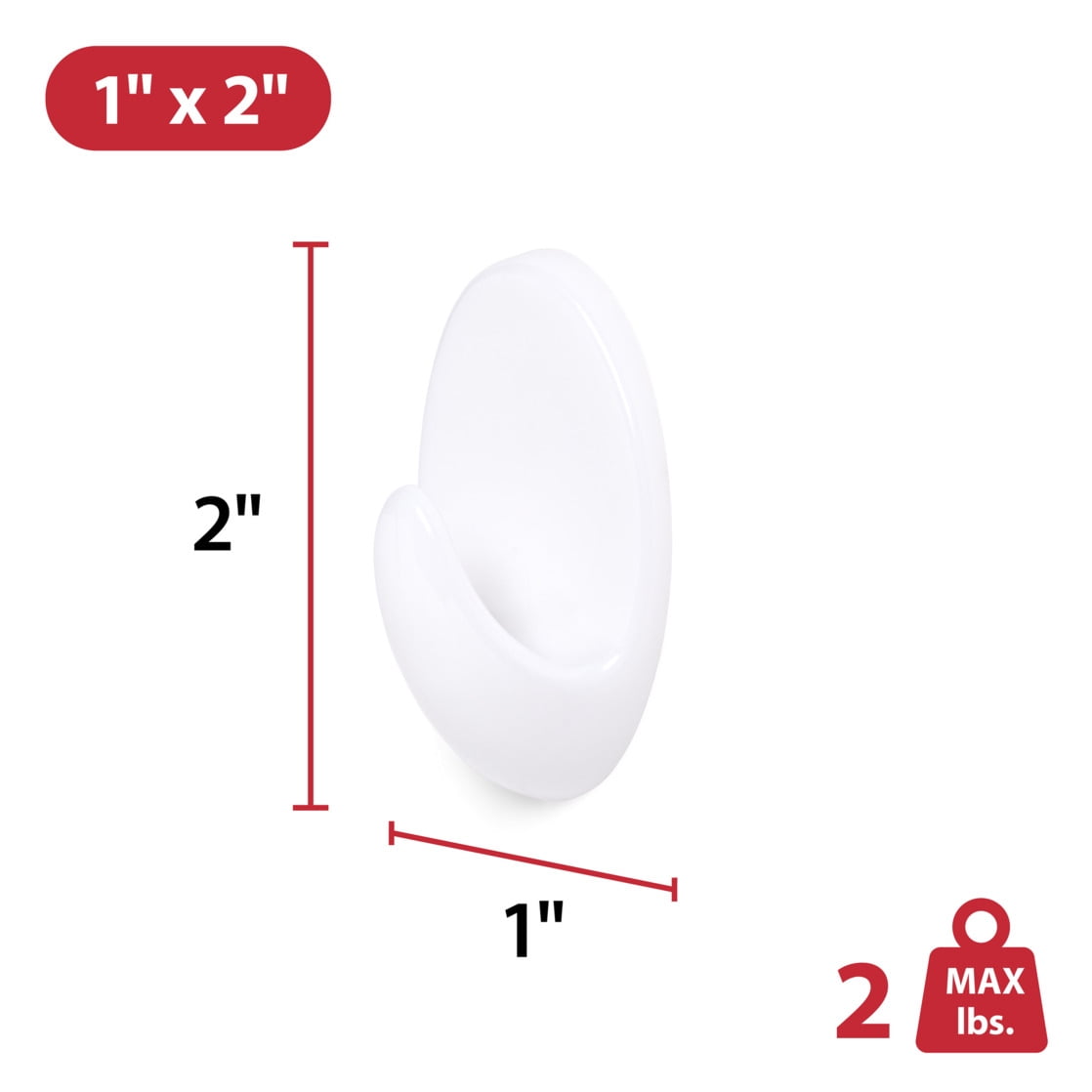 Hyper Tough Medium Removable Self-Adhesive Hook, Oval Plastic Hooks for Hanging Towels and Jackets, with 2 Strips, 2 lbs Capacity, White, 2 Pc