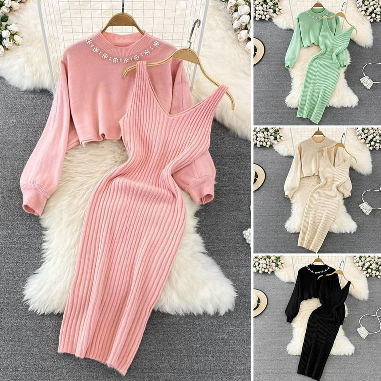 Fashion V-neck solid color sleeveless beaded knitted dress Fashion V-neck solid color sleeveless beaded knitted dress