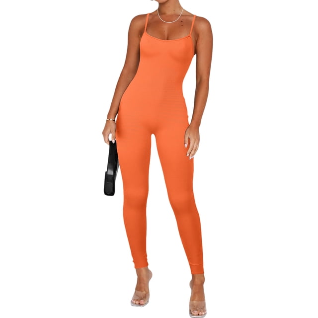 Bellella Combinaisons pour Femmes Col Rond Pantalon Long Combinaison Extensible Décontractée Bretelles Spaghetti une Pièce Femme 2831 Orange G