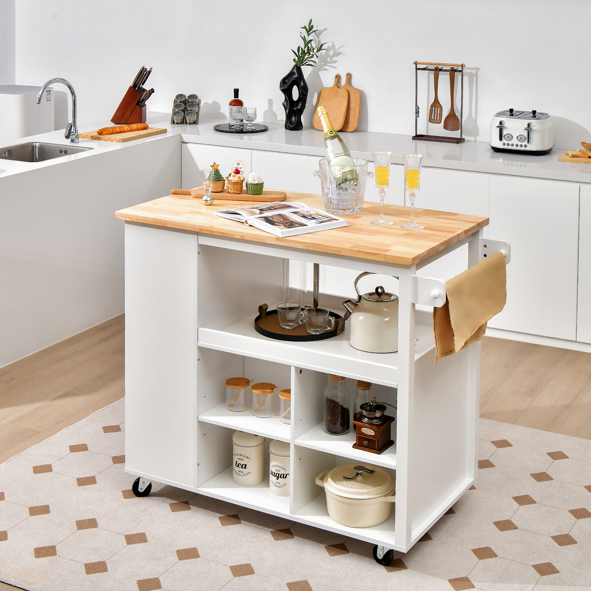 Costway Kitchen Island Trolley Cart on Wheels with Storage Open Shelves & Drawer White