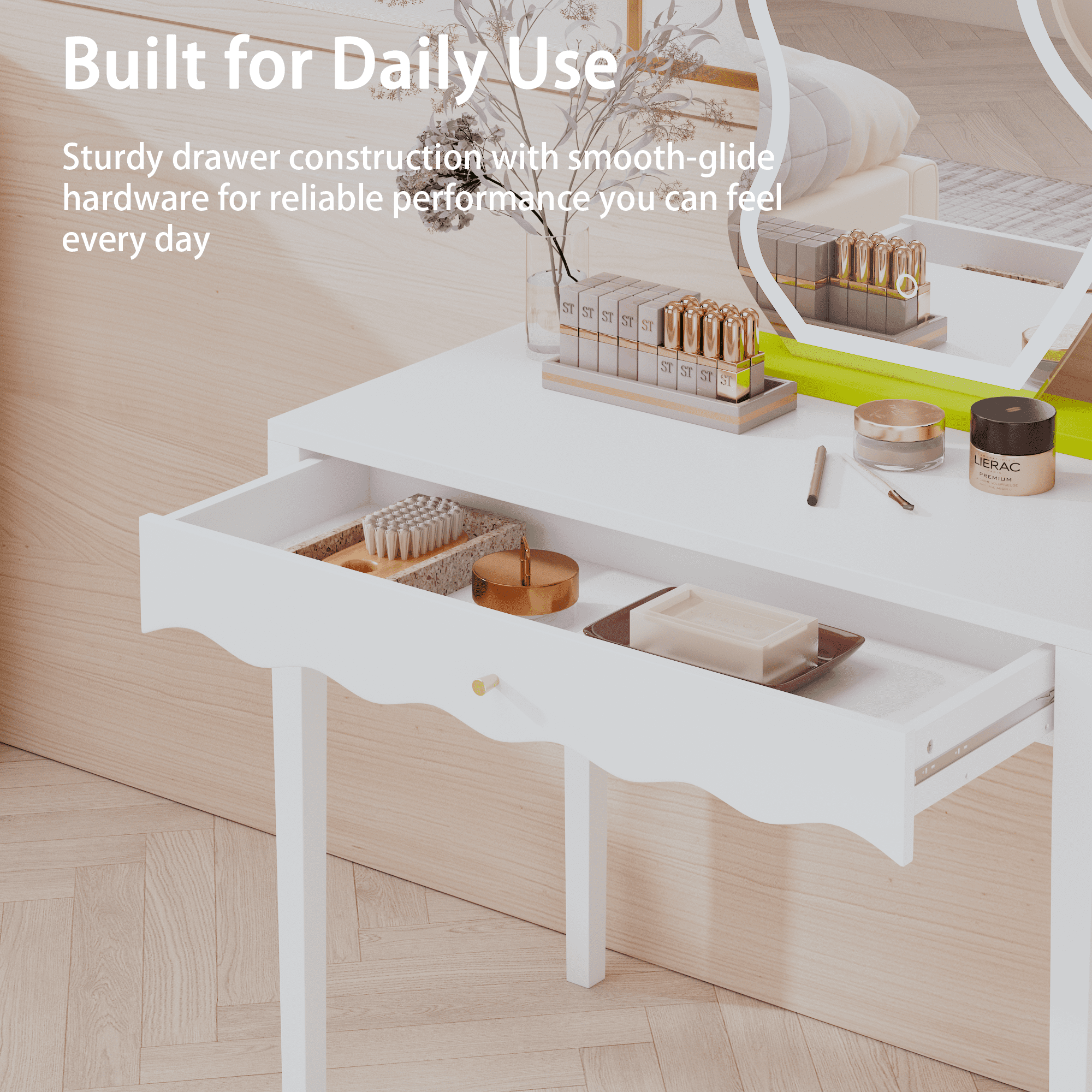 35.43" Vanity Desk with Drawer, Modern Makeup Table with Scalloped Front & Gold Knob, Compact Writing Desk with 4 Sturdy Legs for Bedroom, Small Home Office & Apartment Spaces