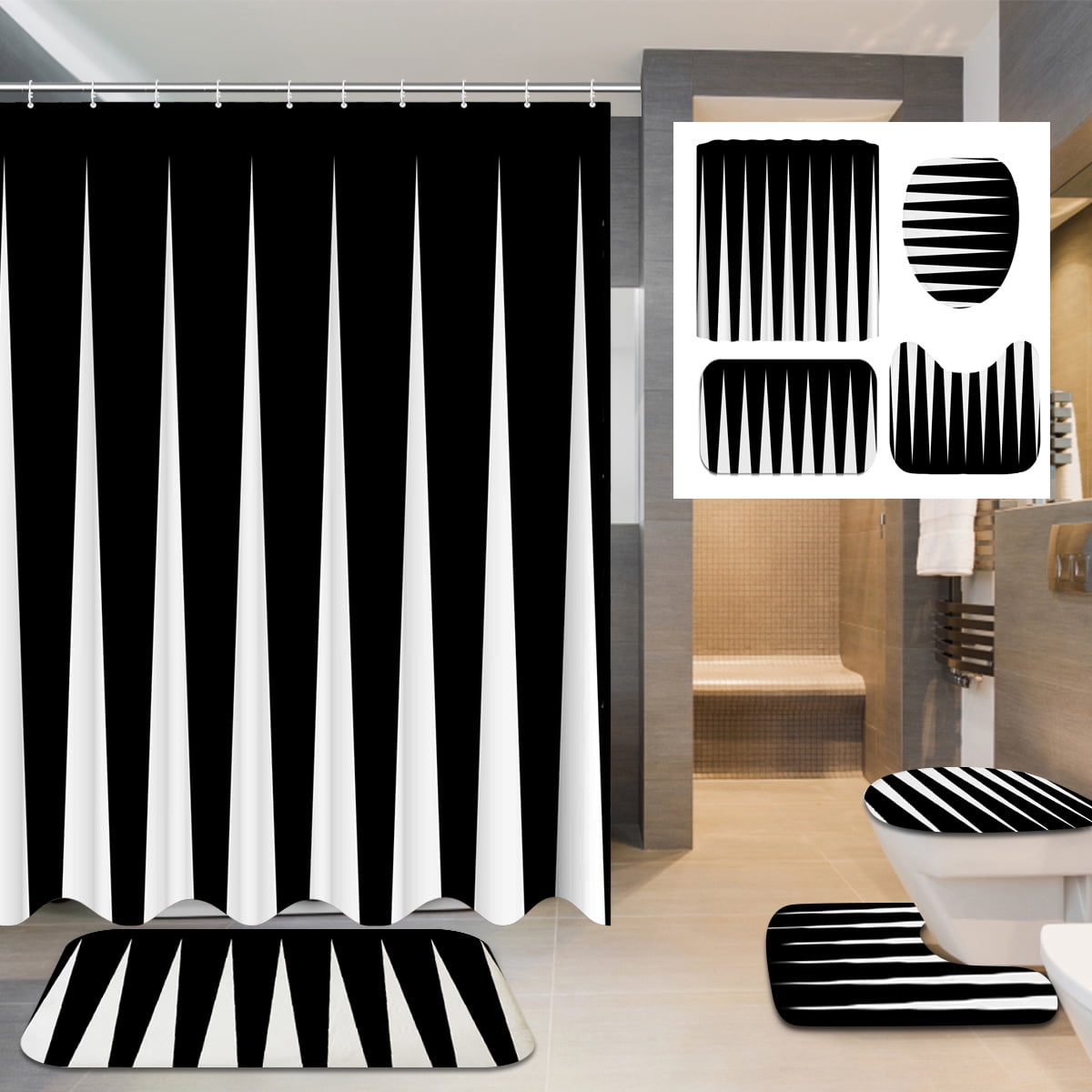 Abstract Black and White Shower Curtain Liner Waterproof Fabric Bathroom Mat Set 