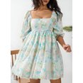 thumbnail image 3 of VISgogo Vestido corto femenino, cuello cuadrado de color sólido, manga corta abullonada, corte bajo, de una pieza para verano, rosa/amarillo, S/M/L/XL/XXL VISgogo  moda, 3 of 9