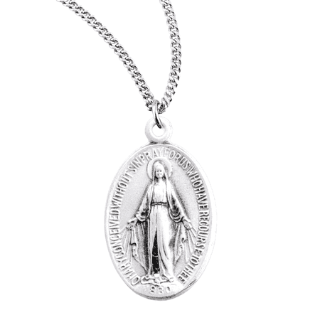 Sterling Silver Small Oval Miraculous Medal, Blessed Mother Mary with Rays and Serpent, 18" Rhodium Plated Stainless Steel Chain, Gift Box Included