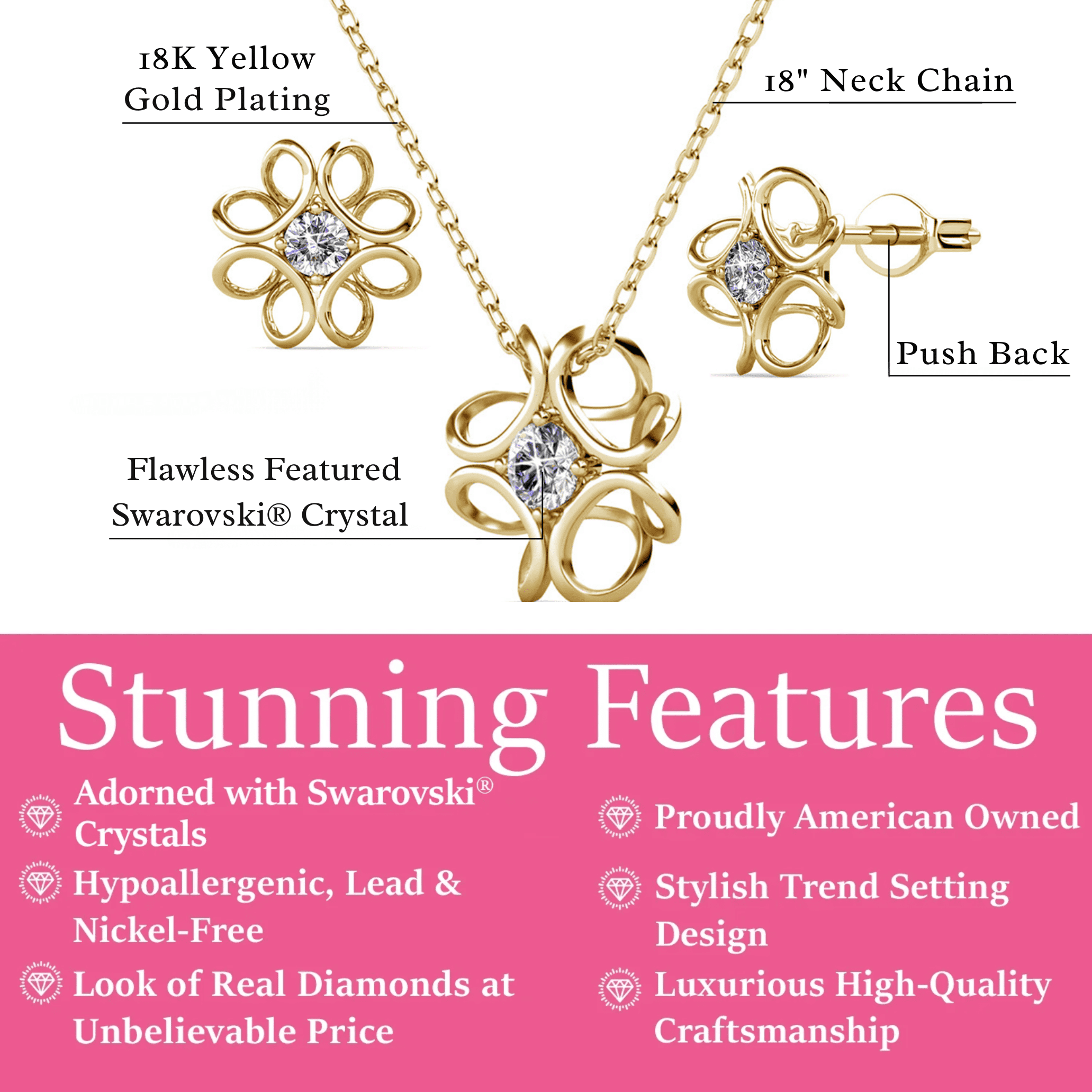 Cate & Chloe Alexis 18k Yellow Gold Plated Flower Jewelry Set with Swarovski Crystals Gift for Women