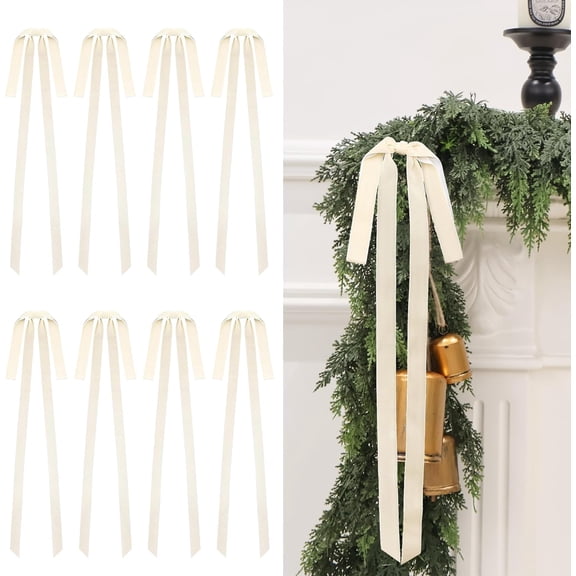 10Pcs 20"x8" Velvet Christmas Tree Bows, Vintage Ribbon Tree Topper Bows, Ornaments for Staircase Garland Wreath Holiday Home DIY Crafts Christmas Decorations( Beige )