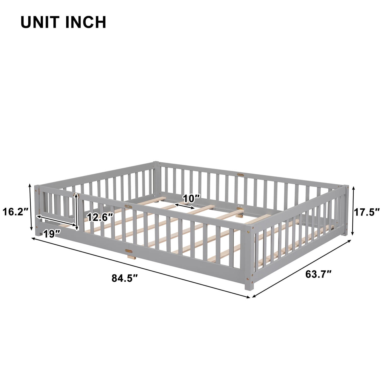 Queen Size Floor Bed, Solid Pine Wood Platform Bed Frame with Fence Guardrails & Door & Slats System, Multifunctional Floor Playpen Bed, Gray