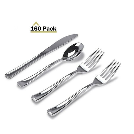 Stock Your Home 160 Piece Plastic Silverware Set, Looks Like Silver Cutlery - Solid, Durable, Heavy-duty Includes: 80 Forks, 40 Knives, 40 Spoons Perfect for Parties, Weddings & Catering