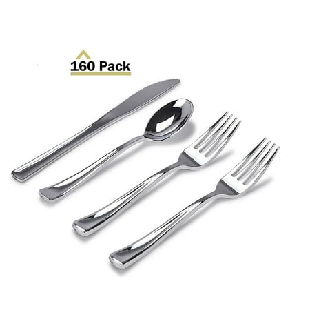 Cafeteria Silverware Stock Your Home 160 Piece Plastic Silverware Set, Looks Like Silver Cutlery - Solid, Durable, Heavy-duty Includes: 80 Forks, 40 Knives, 40 Spoons Perfect for Parties, Weddings & Catering Events ()