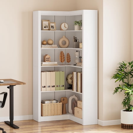 Heavy Duty L-Shaped Corner Bookshelf 71.8 – 5-Tier Farmhouse Office Bookcase – Large White Wooden Display Shelf with Open Storage for Home Living Room Bedroom