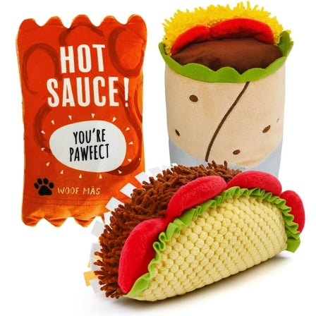 Prime Pets 3Pcs Plush Dog Toy Set, Cute Taco Dog Squeaky Toys for Small Medium Dogs