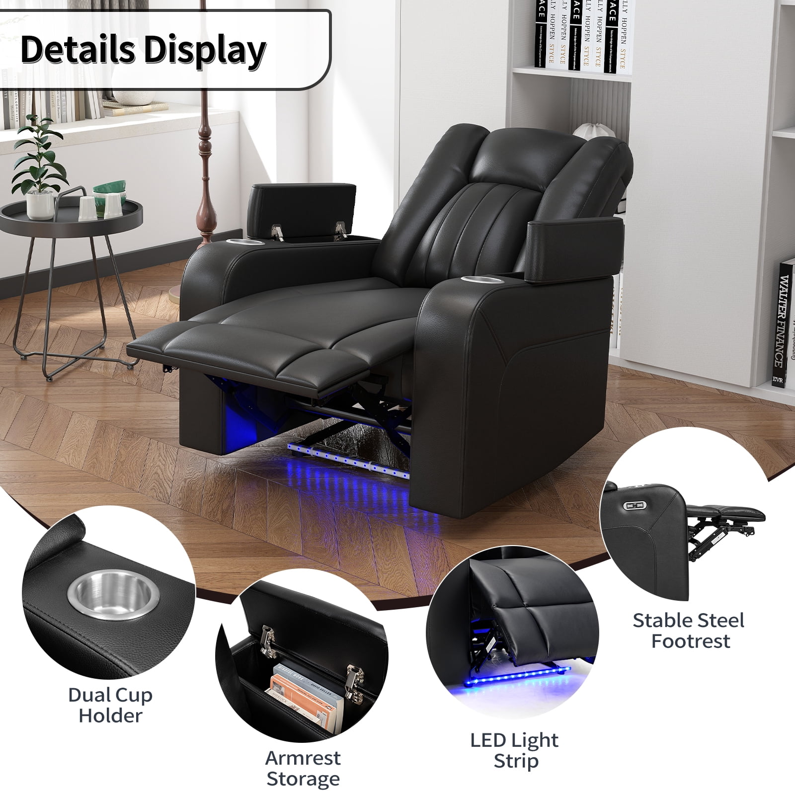 Bonzy Home Electric Power Recliner Chair, Breathable Leather, LED Light, USB Ports, Cup Holders, Hidden Storage, Home Theater Seating