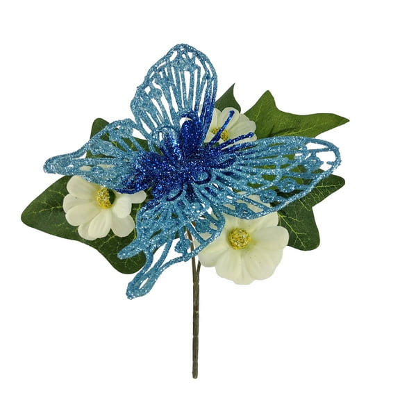 Mainstays 8in Outdoor Artificial Floral Pick, Cream Camellia Flower, with Blue Butterfly Icon.