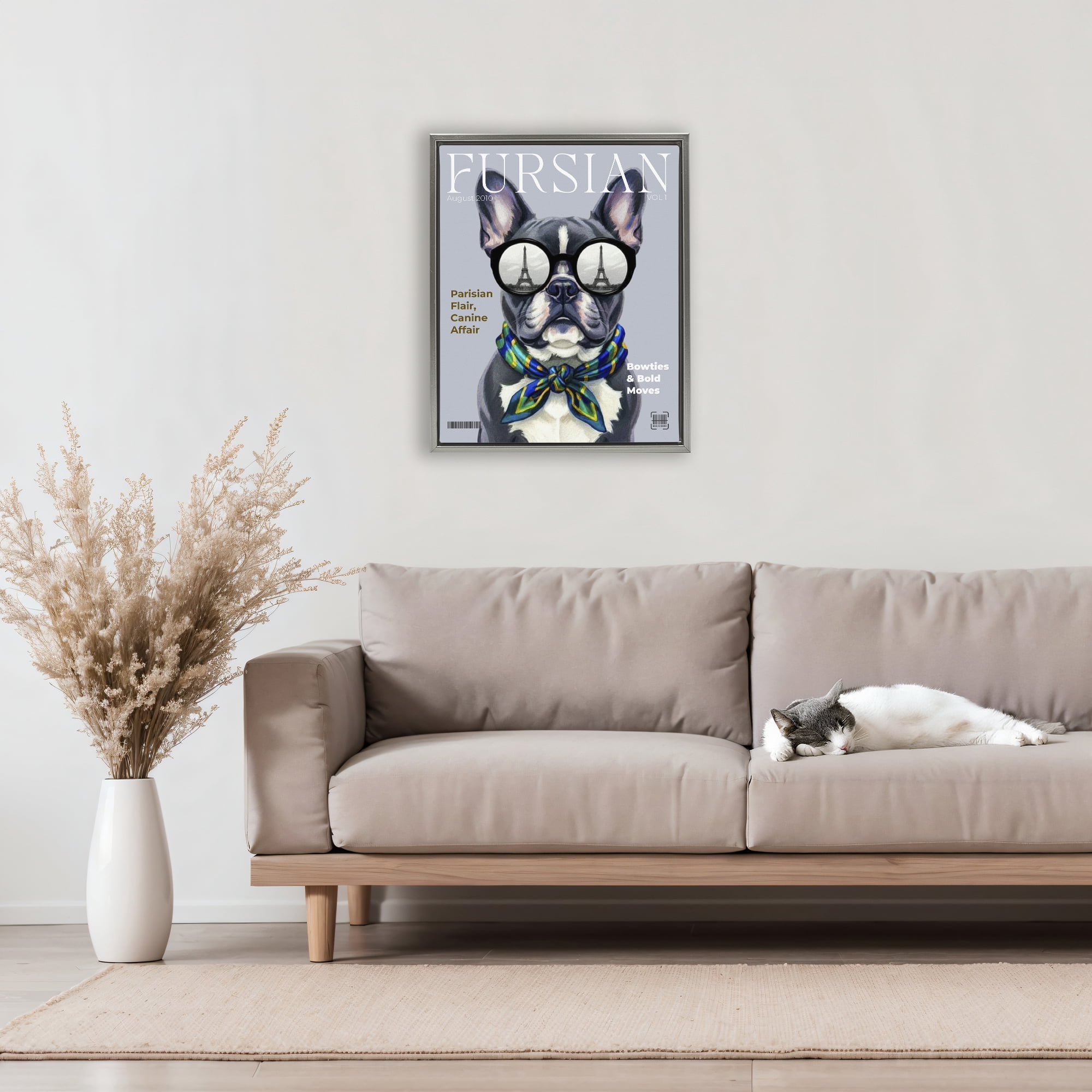 Stupell Industries Fursian Dog Fashion Magazine Gray Framed Floater Canvas Wall Art, design by A Barefoot Stylist