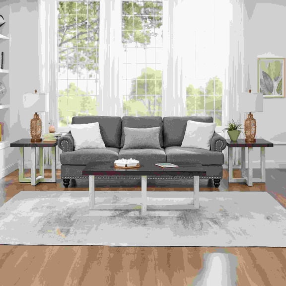 Luno 3-Piece Coffee Table Set with Two End Tables, Walnut and White MDF, Modern Living Room Set
