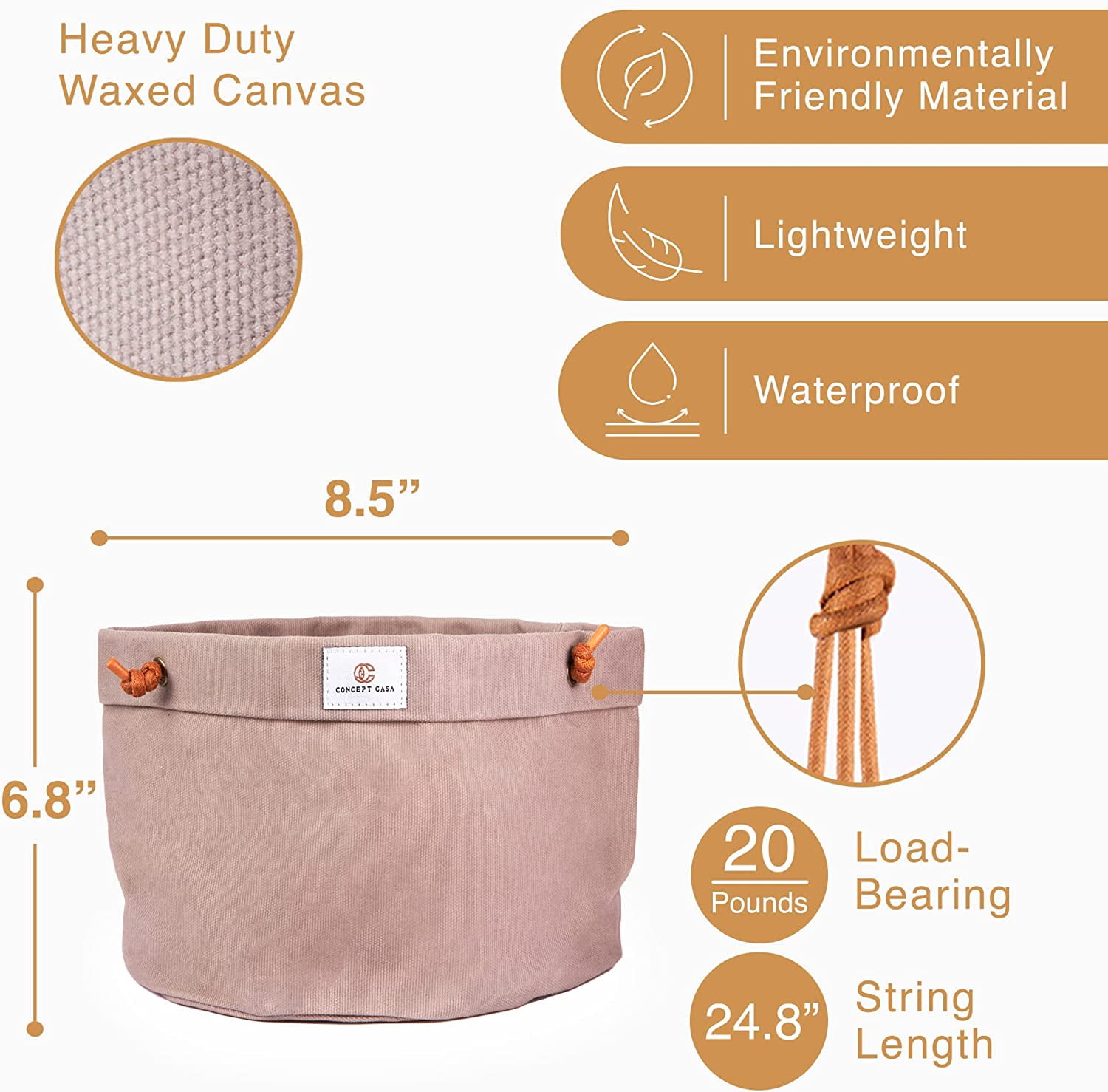 Concept Casa Large 8" Solid Print Hanging Planter with Handmade Waxed Canvas (Stone Grey)