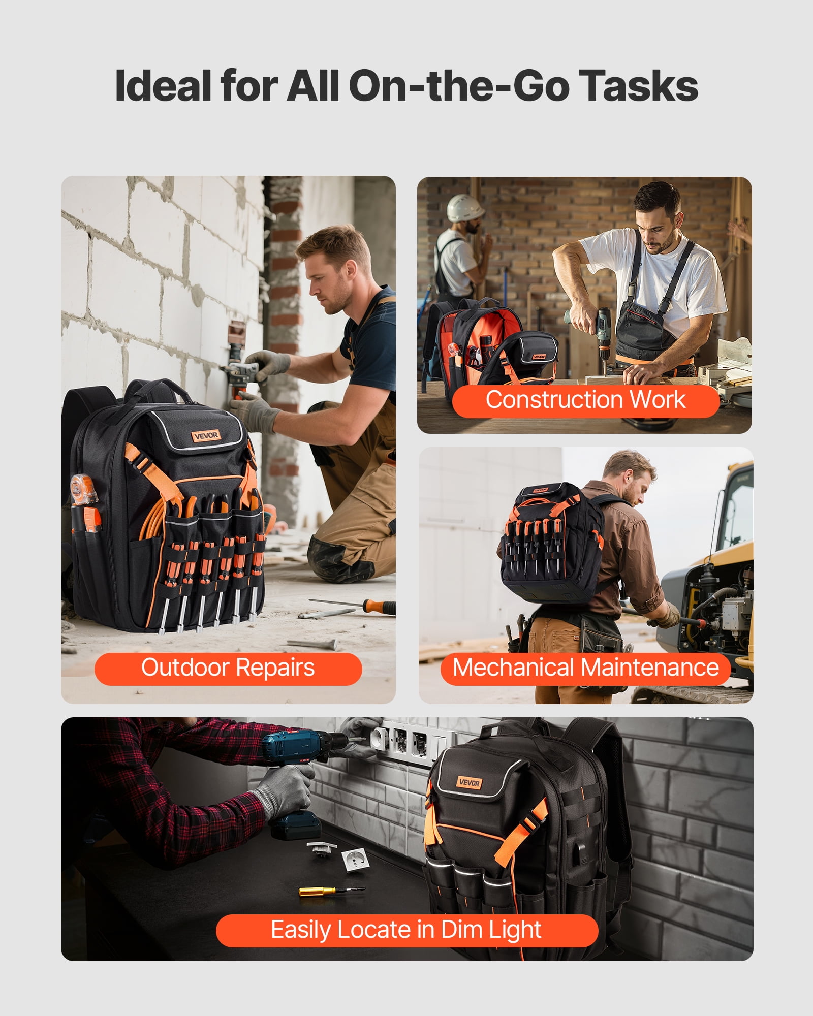 VEVOR Tool Backpack, 45 Pockets, Heavy-duty Tools Storage Organizer Work Bags with Laptop Compartment & Reinforced Fabric Basee, Electrician Jobsite Backpack for Electrician, Repairman