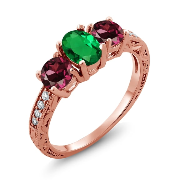 Gem Stone King 1.92 Ct Green Nano Emerald Red Rhodolite Garnet 18K Rose Gold Plated Silver Moissanite Ring (Size 6)