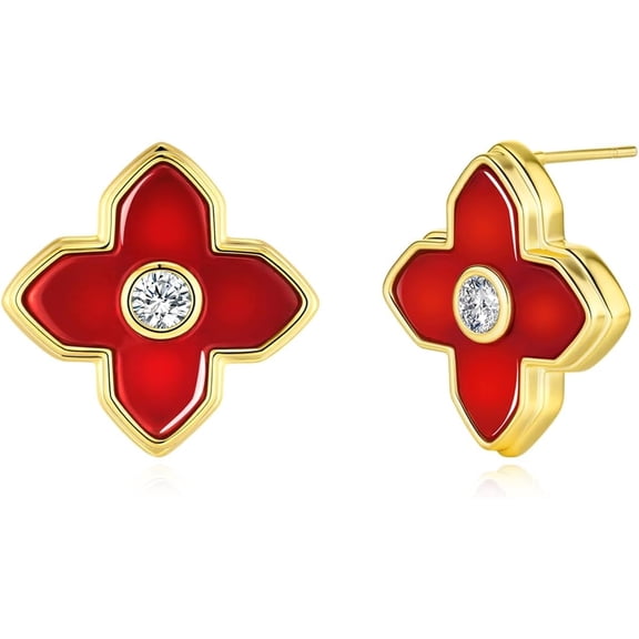 SNGIA 18K Gold Plated Red Enamel Four Leaf Clover Stud Earrings with CZ Accent for Women