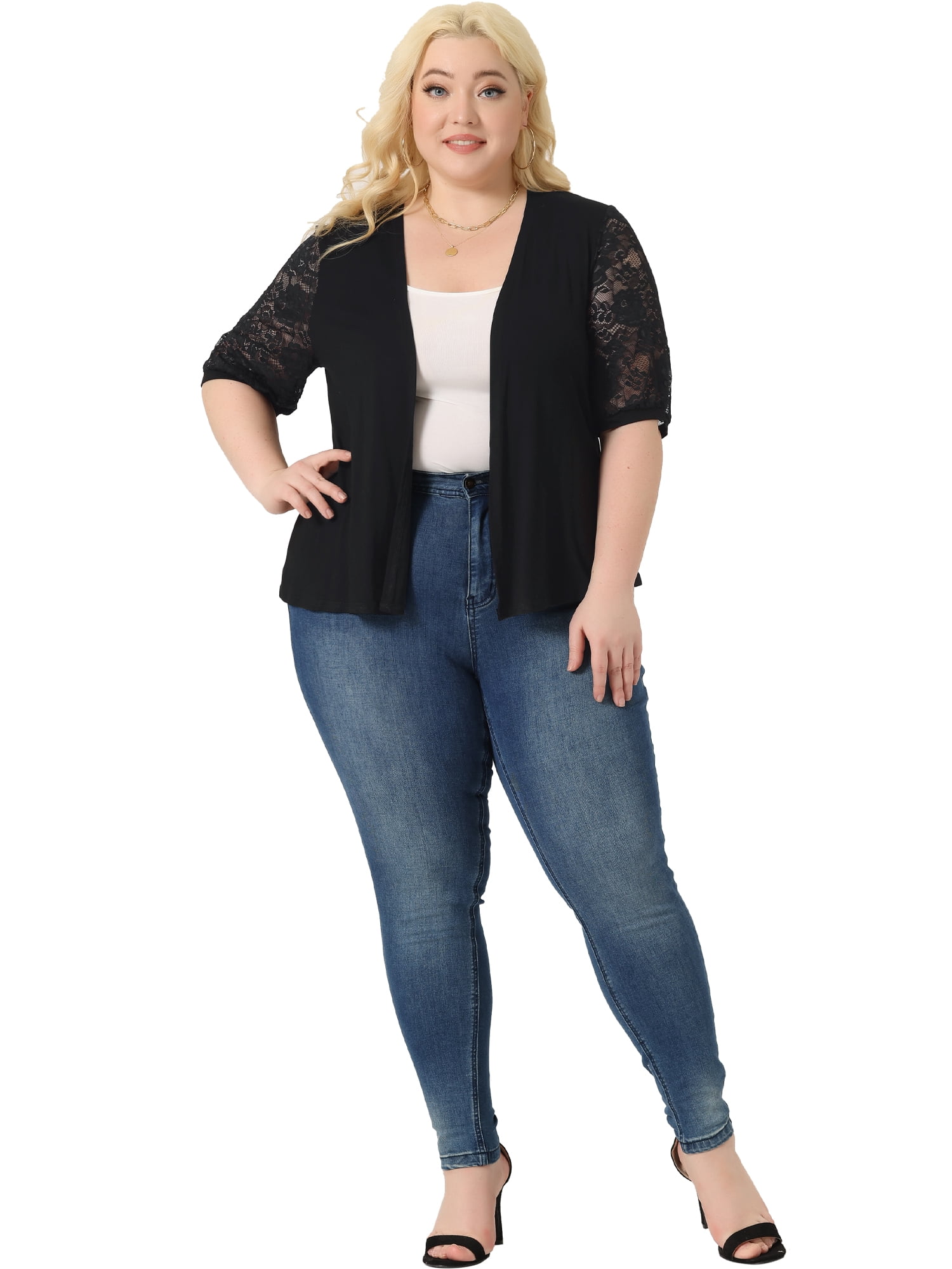 DARING DIVA Plus Size Lightweight Lace Half Sleeve Open Front Cardigan 3X Black