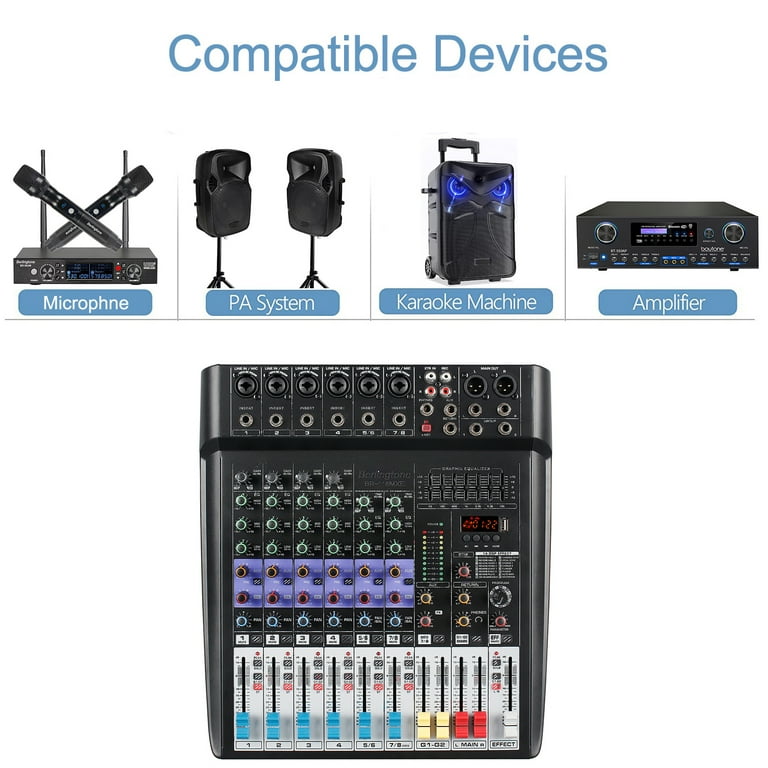 Berlingtone BR-118MX, Professional 8 - Channel Bluetooth Studio Audio Mixer  - DJ Sound Controller Interface, USB Drive, RCA, XLR Microphone Jack, 7