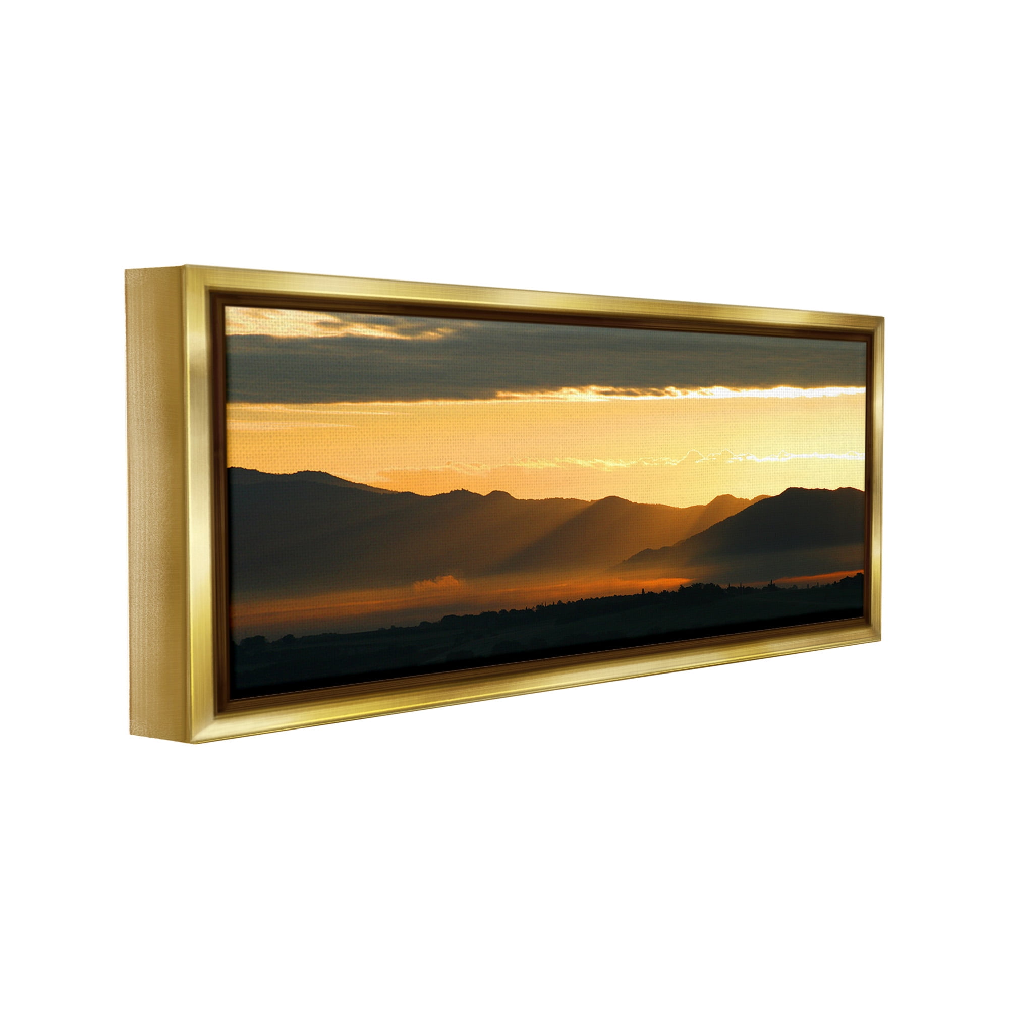 Stupell Industries Sun Rays Over Mountains Landscape Photography Gold Floater Framed Canvas Art Print Wall Art, 25 x 11