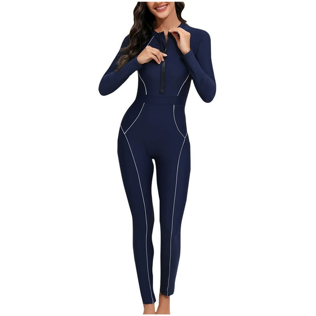 BADHUB Women's Full Body Swimsuit Rash Guard One Piece Long Sleeve Long Leg Swimwear Sun Protection Tummy Control Bathing Suit Solid Color Patchwork Swimsuits