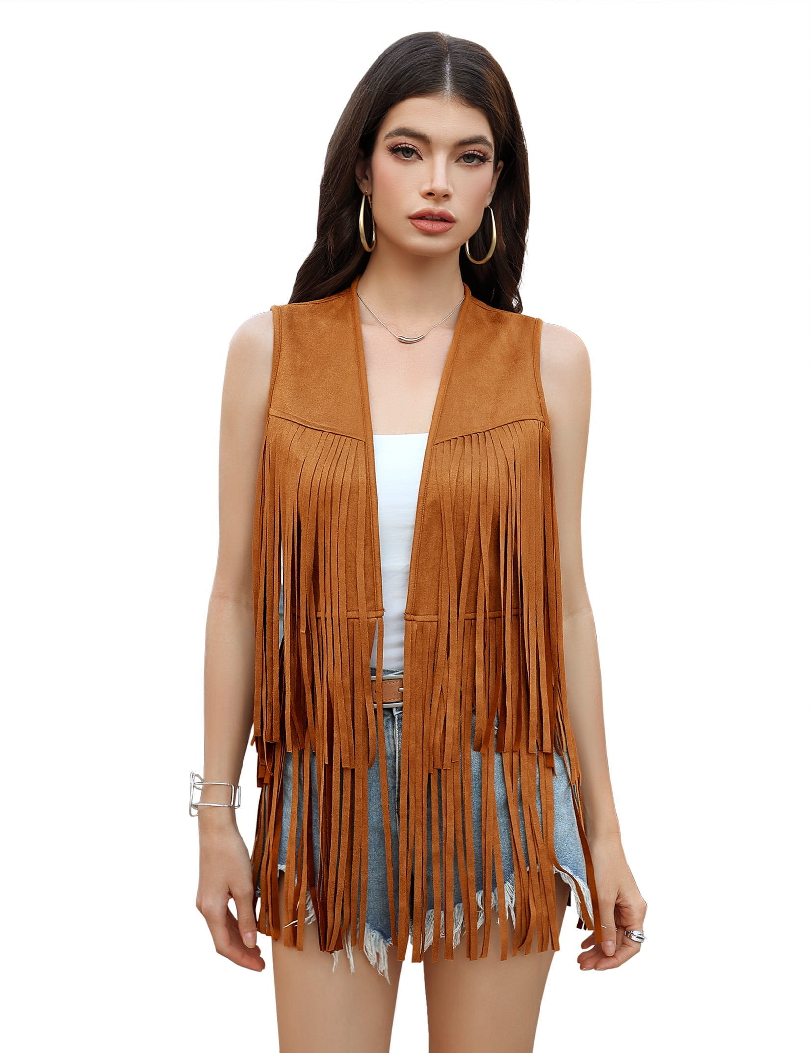 Yesfashion Women's Fringe Vest 70s Hippie Sleeveless Tassel Long Cardigan Jacket Cowgirl Western Tops