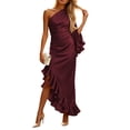 thumbnail image 2 of Karymi Wedding Guest Dresses for Women Satin One Shoulder Long Dress, Single Flare Ruffle Sleeve Waist Ruched Asymmetrical Split Ruffle Hem Wedding Evening Cocktail Gown Summer Dress, 2 of 7