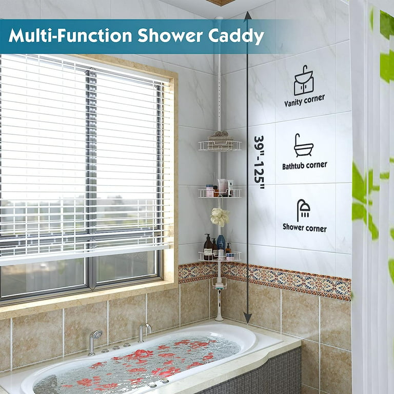 White Bathtub Shower Tension Corner Caddy Metal Pole 4 Adjustable