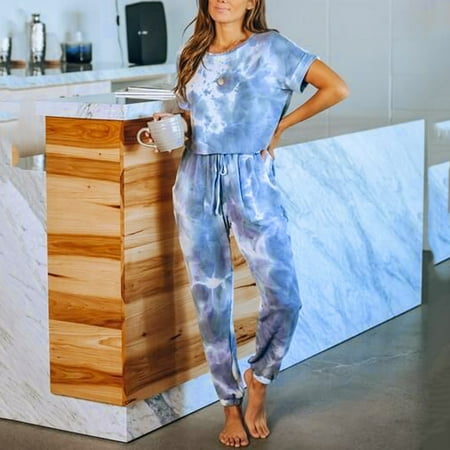 

Womens Short Sleeve Tie-Dye Long Pajamas Set One Piece Jumpsuit Loose Sleepwear