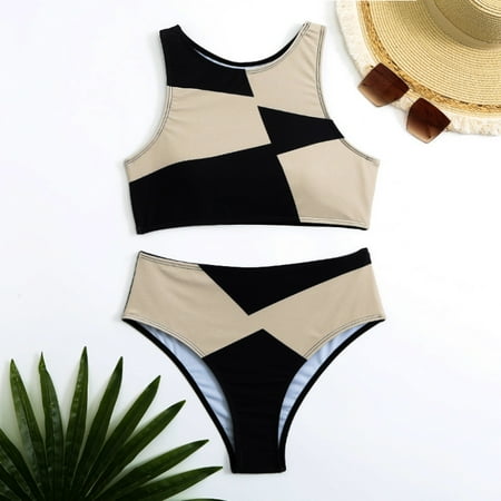 Aayomet Trendy Bikinis for Women 2024 Women s Graphic Swimsuit Tie Front Bandeau and High Waist Panty Bikini Set Bathing Suit Khaki L