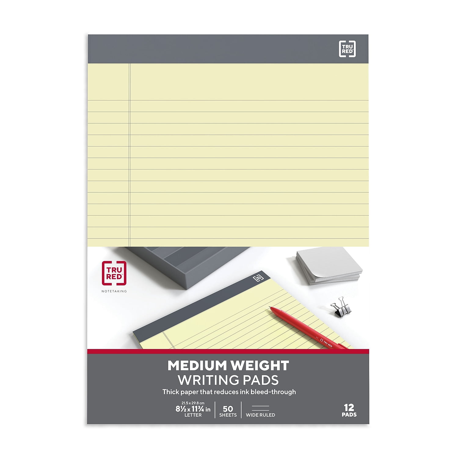 Staples TRU RED Notepads 8.5" x 11.75" Wide Ruled Canary 50 Sheets/Pad 24/Carton TR59910/TR573VS