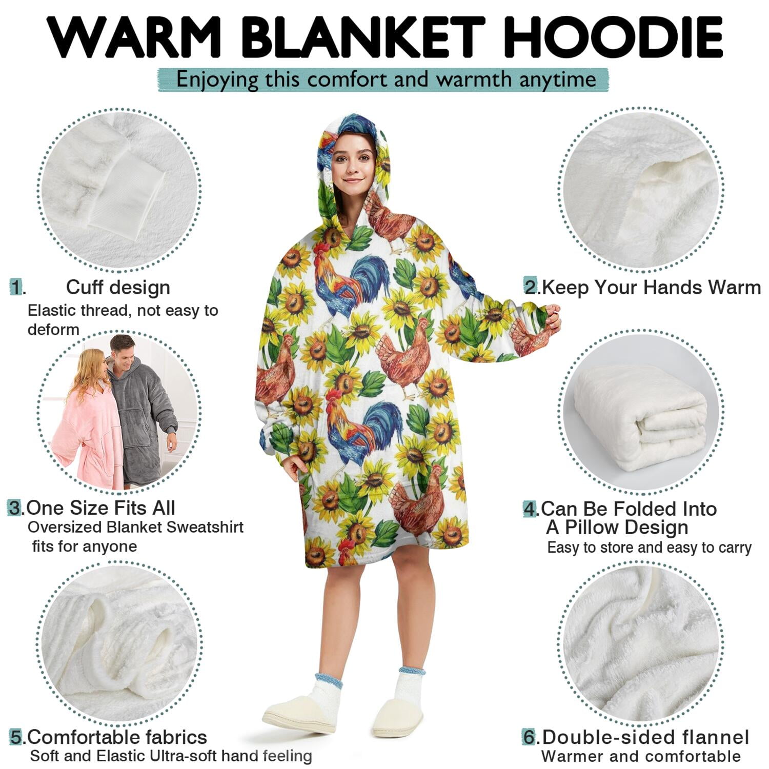 Wearable Oversized Blanket,Sunflower Chicken Pattern Wearable Blanket Hoodie for Adults,Cozy Hooded Blankets with Super Pockets,Super Warm Fuzzy Pullover for Women & Men